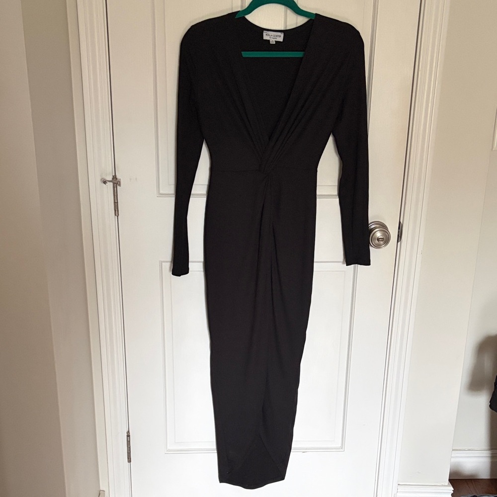 Sheer jersey ribbed v neck dress